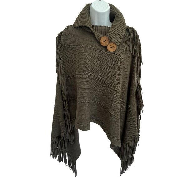 Leto Collection Sweaters - Leto Collection Fringe Poncho Wrap Olive Green One Size Bohemian Boho Hippie